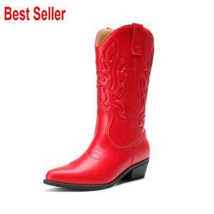 Women's Mid Calf Cowboy Boots with Embroidery Stitching, 1.37-Inch Heel